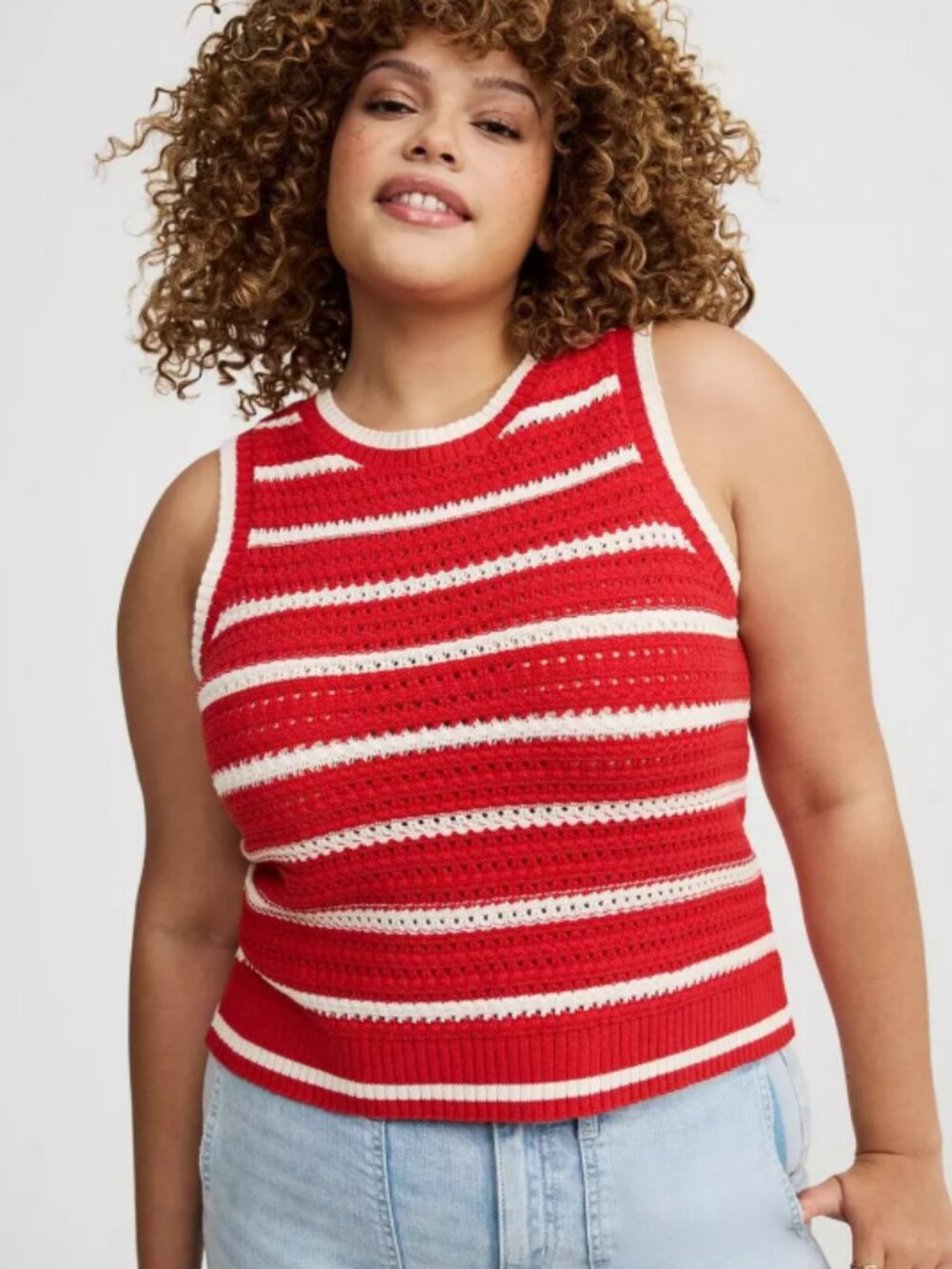 Torrid Cropped Open Stitch Tank Size 0 Red White Striped Sleeveless Knit Sweater